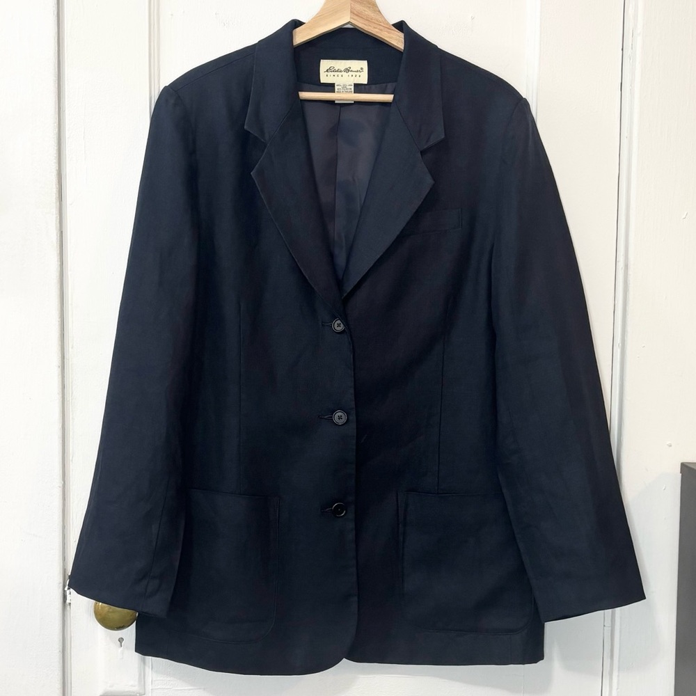 Eddie Bauer Women's Navy Blue 3-Button Linen Blazer Jacket, Sz L, Office, Career